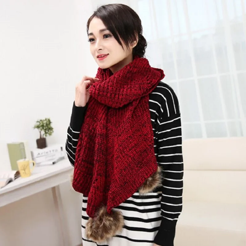 Новое поступление зимние большой кролик Мех мяч толстые вязаные шерстяные Шарфы