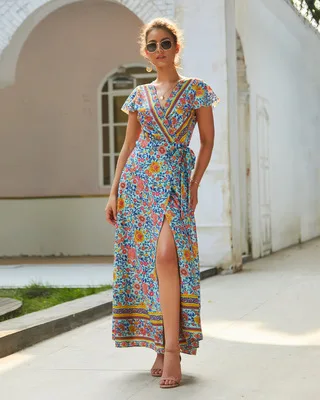 green Boho женское летнее платье сексуальное пляжное платье с принтом и бантом с v-образным вырезом длиной до щиколотки асимметричное праздничное женское платье - Цвет: green