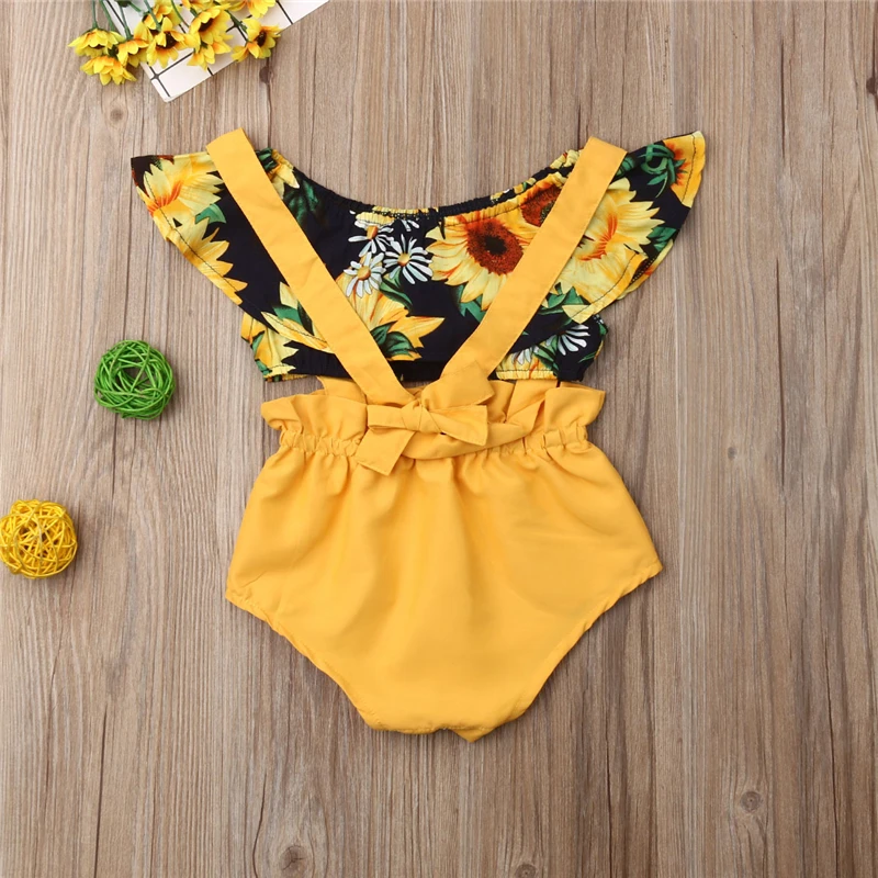 

2019 Summer Newborn Baby Girl Sunflower Crop Tops Suspender Bib Pants Shorts Cotton Outfits Sets 0-18M
