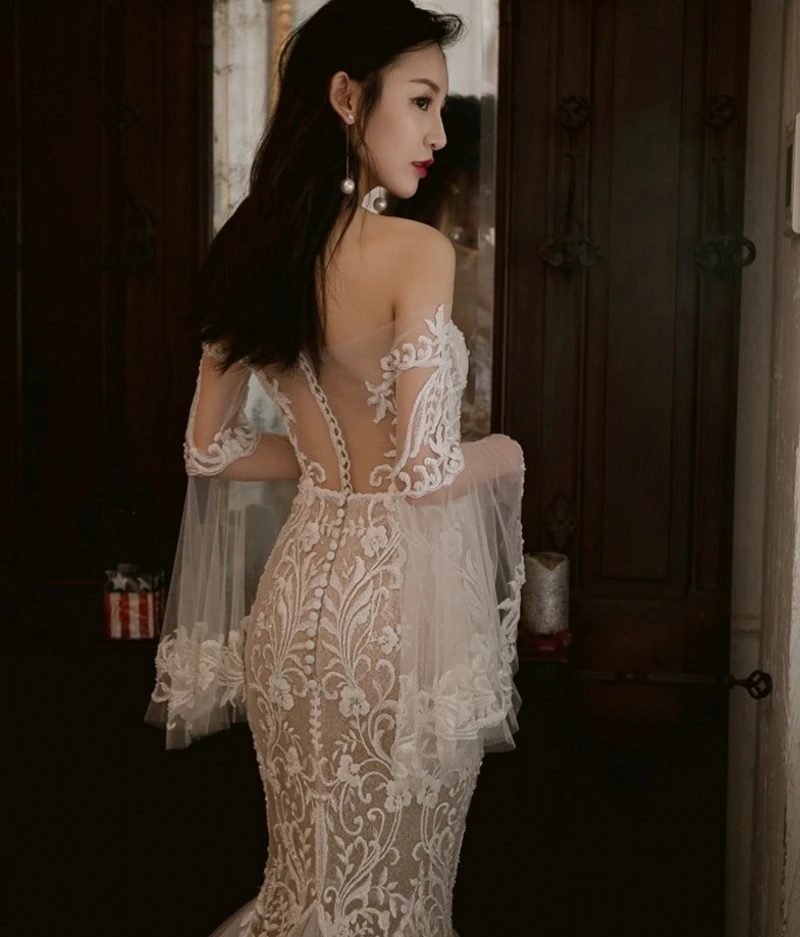 

2020 Vintage Lace Mermaid Wedding Gowns Turkey Vestido de Novia Sexy Off the Shoulder Sheer Princess Bridal Dress Robe Mariee