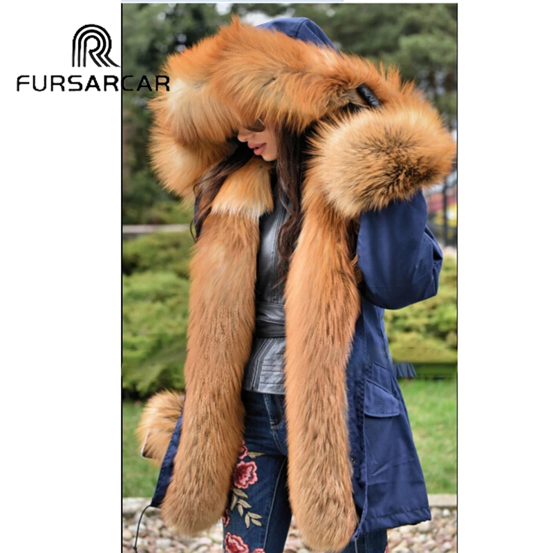 FURSARCAR женское роскошное пальто из натурального меха средней длины парка с