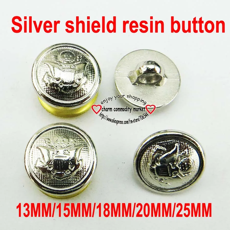 silver shield 100 шт., 13 мм-25 мм, серебряный щит, золотой якорь, кнопки из смолы, Брендовое пальто, детская швейная одежда, аксессуар, пуговица для пальто или свитера, R-307 - Цвет: silver shield