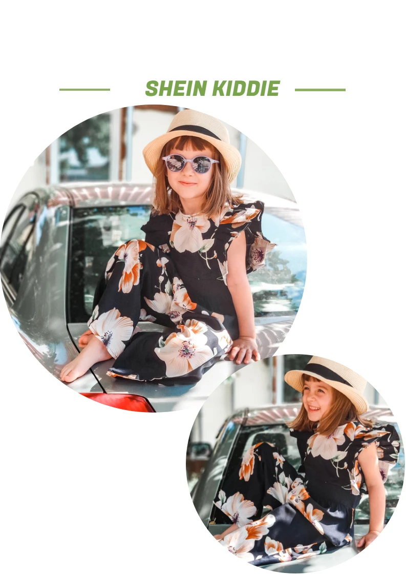 SHEIN/Детский комбинезон с широкими штанинами и цветочным принтом для девочек; коллекция года; летний комбинезон с рукавами-крылышками и рюшами в стиле бохо; пляжные Длинные Комбинезоны для подростков