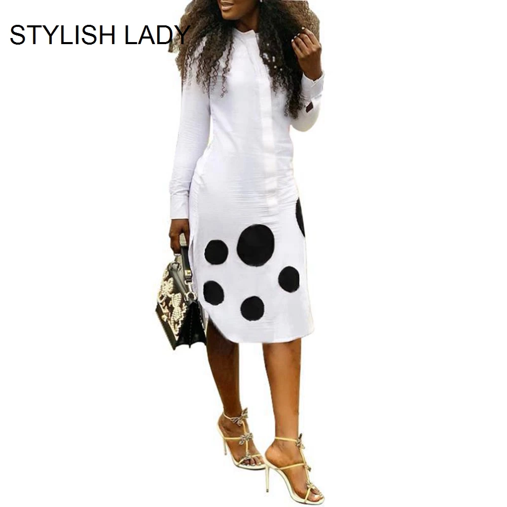 

STYLISH LADY Polka Dot Dress 2019 Summer Women Long Sleeve O Neck Black White Front Button Irregular Club Party Midi Dress