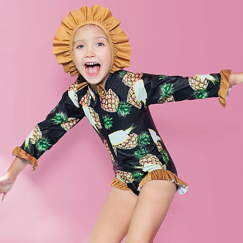 Pineapple Print Lovely Toddle Girls Swimwear Children Swimsuit One Piece Long Sleeves Sunscreen Bikini With Swim Cap | Спорт и