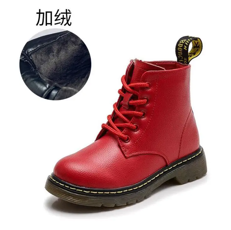 Martin boots red Детские ботинки; сезон осень-зима; новые кожаные ботинки для больших детей; кожаные ботинки для мальчиков и девочек; бархатные ботинки для школьников - Цвет: Martin boots red