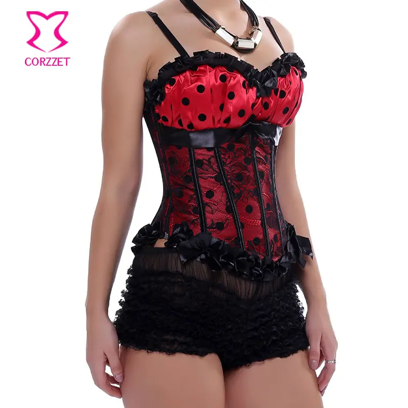 Женский корсет в горошек красный и черный с кружевом божья коровка пуш ап на