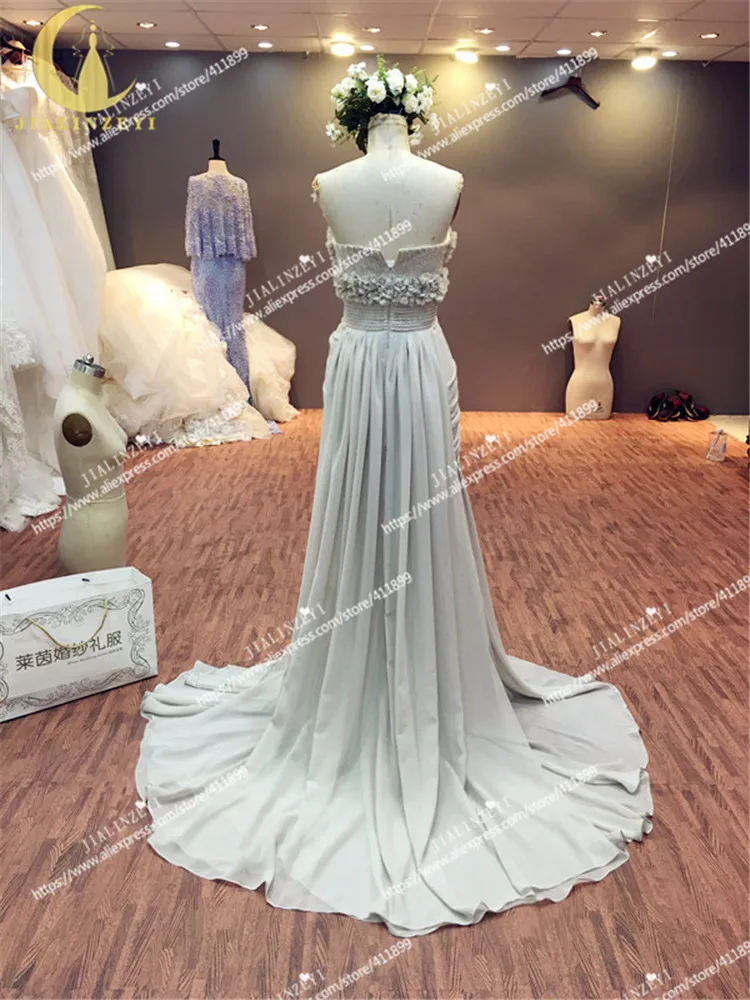 Jialinzeyi реальное изображение Elie Saab Милая Серые цветы Бусины Sexy шифон гриль платье партии Платья для выпускного