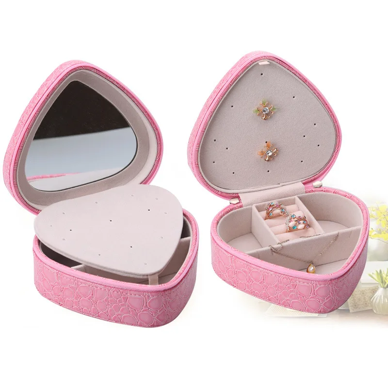 Portable Elegant Heart Shape Women Makeup Cosmetic Organizer Case Red Pink 3 color Mirror Jewelry earring Multilayer Storage Box | Украшения