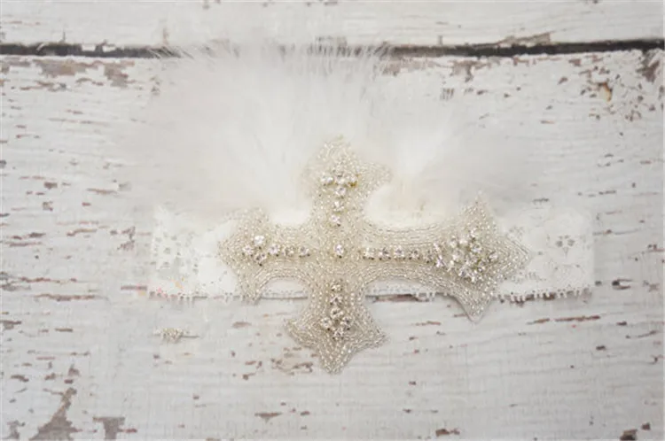 

New newborn kids hand-studded fashion headband white big feather jewelry cross graphic hair band high quality hot sale
