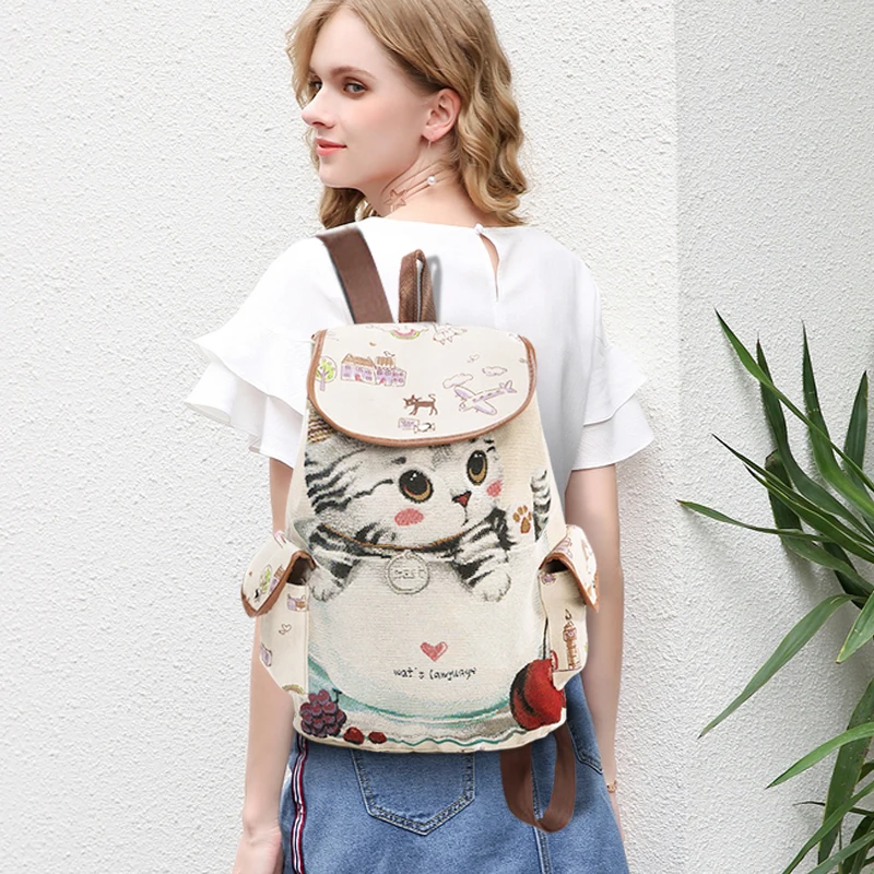 Scione Cute Cat Backpack для женщин и девочек брезентовый Рюкзак со шнурком рюкзаки с