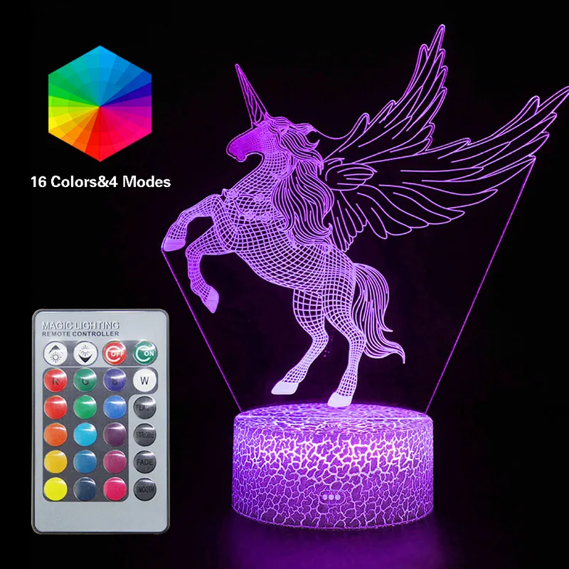 Unicorn 2 3D единорог, ночник, светодиодный, Оптические иллюзии, лампы, дистанционное управление, умная настольная лампа, 16 цветов, Декор, Luminaria Lampara, для девочек, рождественские, вечерние, подарок - Испускаемый цвет: Unicorn 2