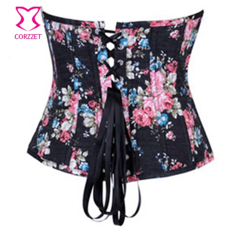 Черный цветочный/цветочный принт Джинсовый корсет на талии корсеты и бюстье