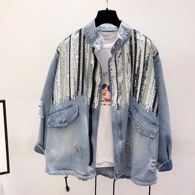 blue Cakucool Boho камуфляжная куртка Женская Блестящая джинсовая куртка на шнуровке с блестками куртка-бомбер джинсовая куртка с длинными рукавами Colete Feminino большой размер - Цвет: blue