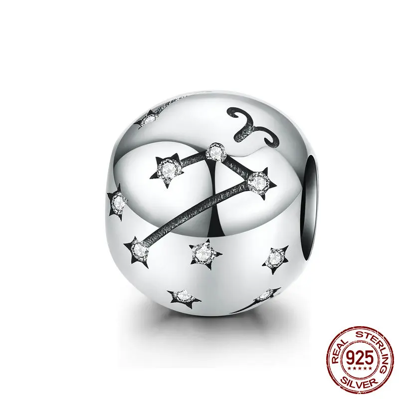 Натуральная 925 пробы серебро 12 созвездия зодиака круглые бусины, подходят к оригиналу Pandora, браслет, ювелирные изделия с бриллиантами