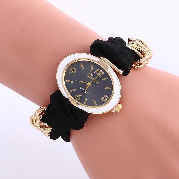 100pcs/lot oval head gold case geneva watch cloth belt fashion ribbon elegance wrap quartz wholesale lady wristwatch | Наручные часы