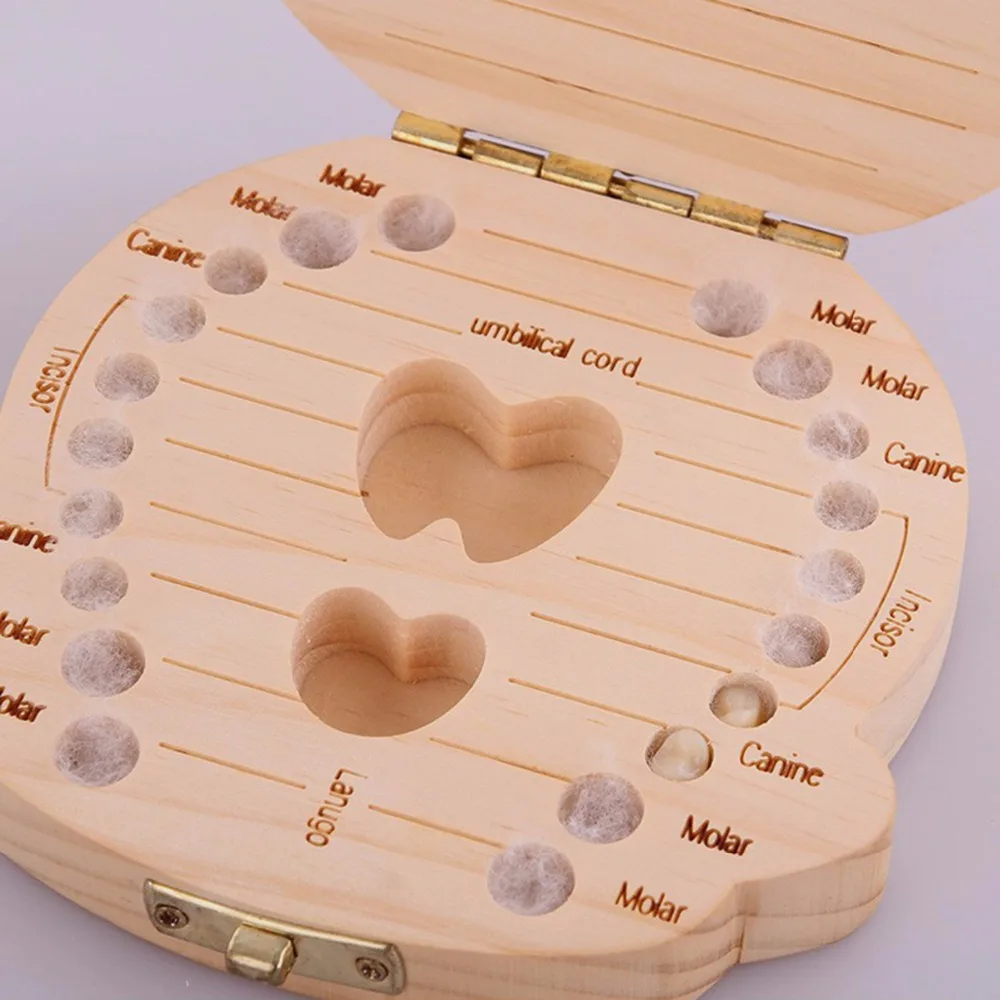 Caja de madera Natural con texto en ingl&eacute;s/ruso/franc&eacute;s/holand&eacute;s/espa&ntilde;ol para guardar los dientes de la leche-4