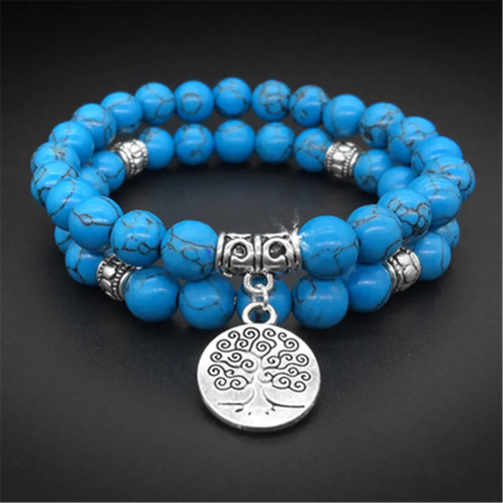 

Hot Sale 8mm Blue Stone Set Bracelet Tree of Lift Pendant Beaded Bracelet Chakra Yoga Strand Bracelet Unisex Jewelry Wholesale