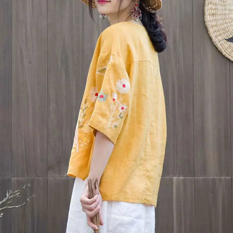 F&ampje New Summer Women Tshirt Plus Size Flower Embroidery Vintage Cotton Linen Tee Shirt Femme Short Sleeve O-neck Tops Big HXJ14 | Женская
