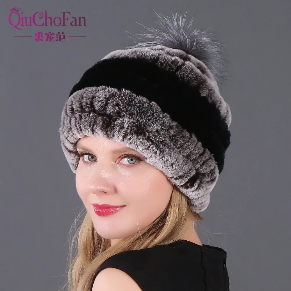 

Женский зимний мех кролика Рекс вязаный натуральный мех животных с лисьим мехом украшенный один размер женские зимние вязаная шапочка шапк...