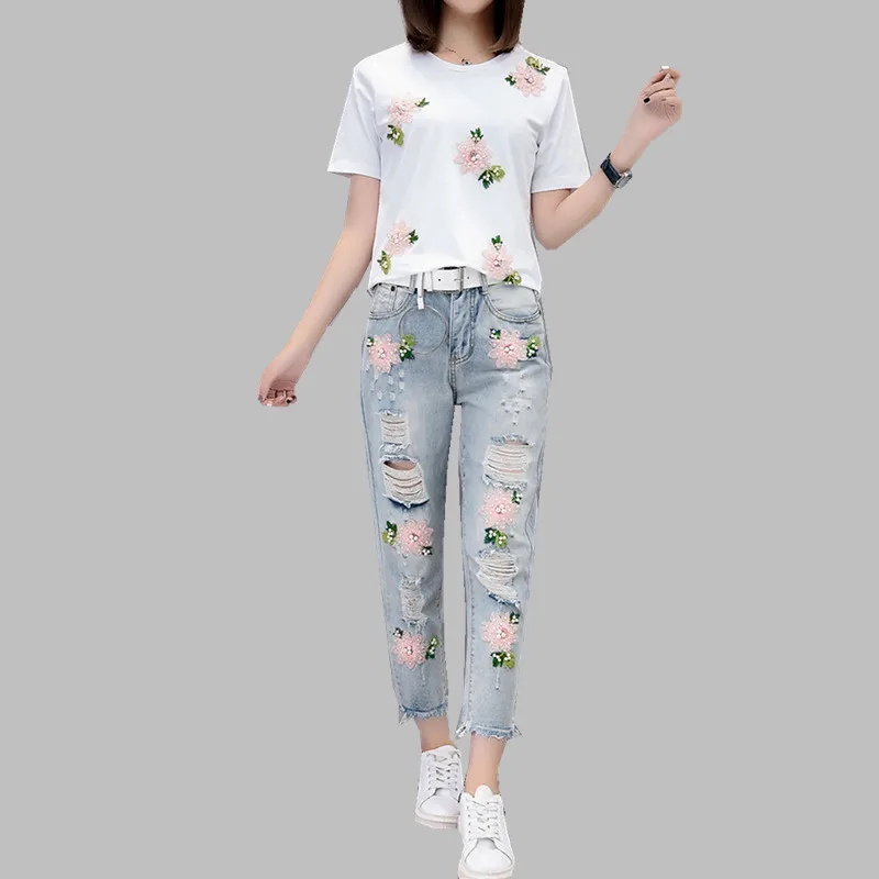Женский джинсовый костюм HAMALIEL белая хлопковая Футболка с цветочной вышивкой и