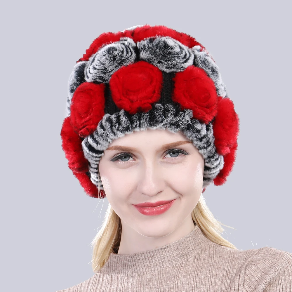Новая Женская эластичная шапка с цветами, настоящий мех кролика, зимняя вязаная Цветочная шапка из натурального меха, женские пушистые шапки из натурального меха