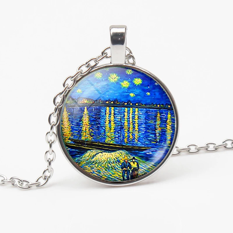 Vintage Van Gogh Oil Painting Pendant Necklace Moon Night Street Landscape Pattern Sunflower Men Women Handmade Trinket |