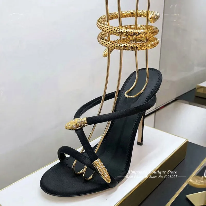 Sexy Gold Snake Ankle Wrap High Heel Gladiator Sandals Woman Summer Open Toe Party Dress Shoes