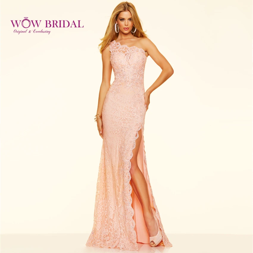 Wowbridal Дешевое кружевное вечернее платье русалки на одно плечо с Боковым Разрезом