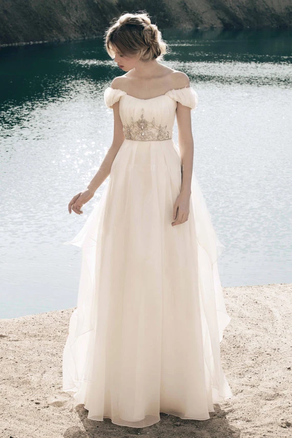 Элегантный пляж Свадебные Платья 2017 cap рукавом кристалл бисера линия кружева