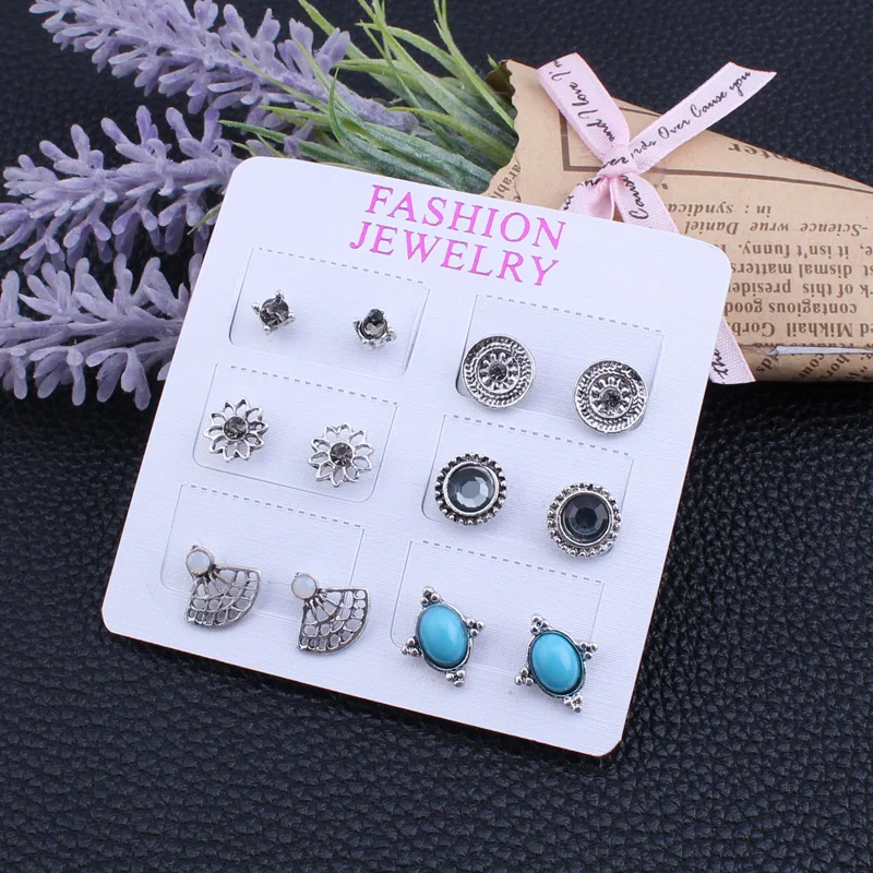 Tenande 6 Pairs/Set Boho Hollow Natural Stone Beads Crystal Coin Sector Flowers Earrings Set for Women Vintage Brincos Bijoux | Украшения и