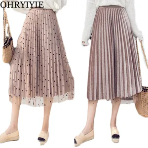 Бархатная плиссированная юбка OHRYIYIE в горошек, Осень-зима 2020, двусторонние юбки из фатина с высокой талией, женские длинные юбки миди для женщин