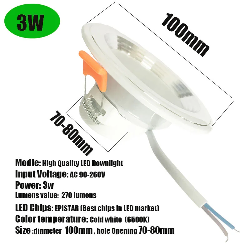 led downlight 3W Светодиодный светильник 18 Вт, 15 Вт, 12 Вт, 9 Вт, 5 Вт, 3 Вт, Круглый встраиваемый светильник 220 В, 110 В, светодиодный светильник L для гостиной, потолка, офиса, светодиодный светильник, точечный светильник - Испускаемый цвет: led downlight 3W