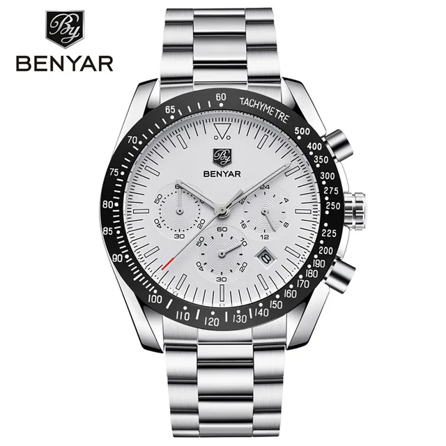 Silver belt white BENYAR Для мужчин аналоговые кварцевые модные часы класса люкс Водонепроницаемый спортивные часы Сталь мужские часы Relogio Masculino - Цвет: Silver belt white