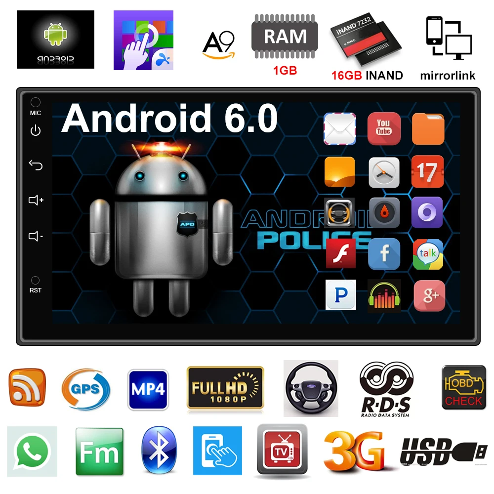 Автомагнитола с Bluetooth Android gps четырехъядерным процессором 6 0 3G Wi Fi 7 дюймов 2DIN