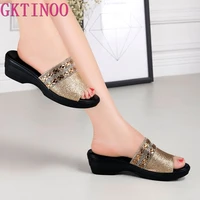 gktinoo women slippers shoes genuine leather slip on outside slides ladies fashion wedges summer beach thick sole flip flop