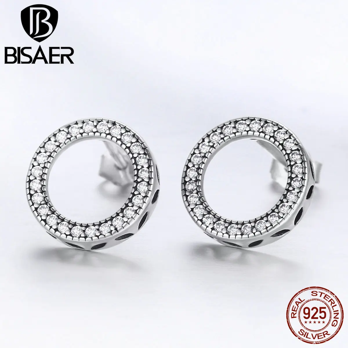 

BISAER Fashion 925 Sterling Silver Clear CZ Forever Circle Earrings Round Stud Earrings for Women Fashion Earrings 2019 ECE417