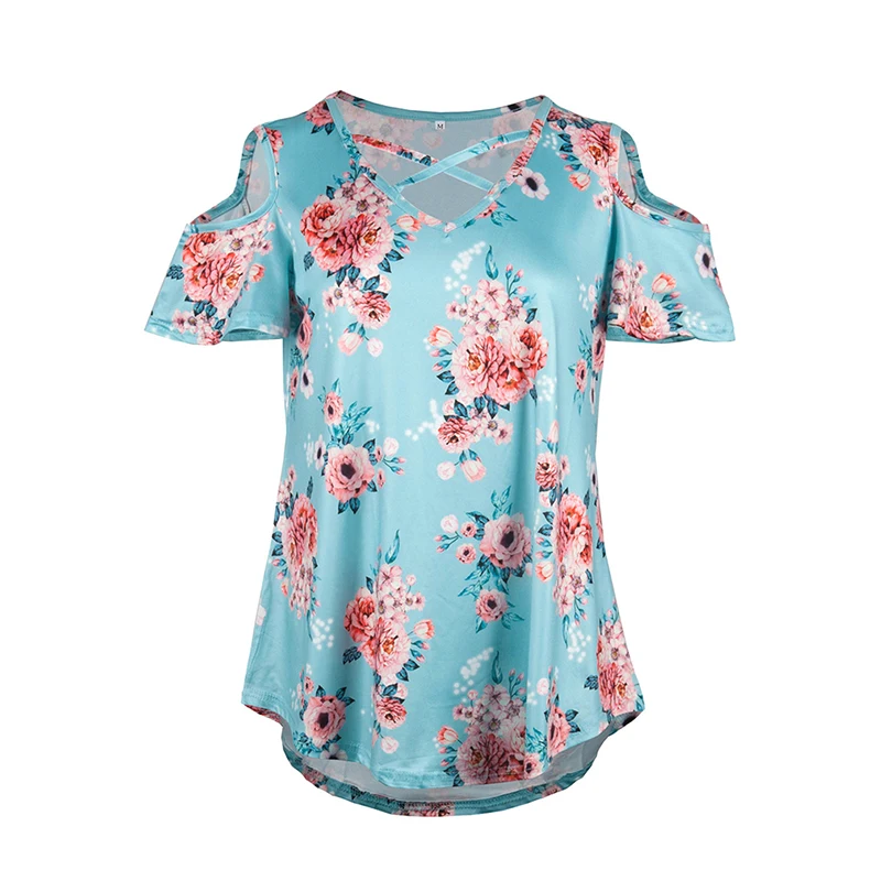 Модная Цветочная футболка Boho женская летняя с открытыми плечами короткий рукав