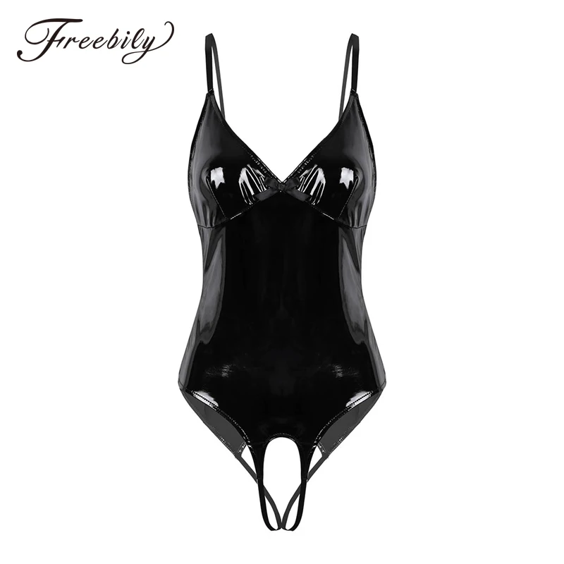 

Womens Lingerie Nightwear latex catsuit Bodycon Wetlook Patent Leather Adjustable Straps Open Crotch Sissy Teddy Bodysuit