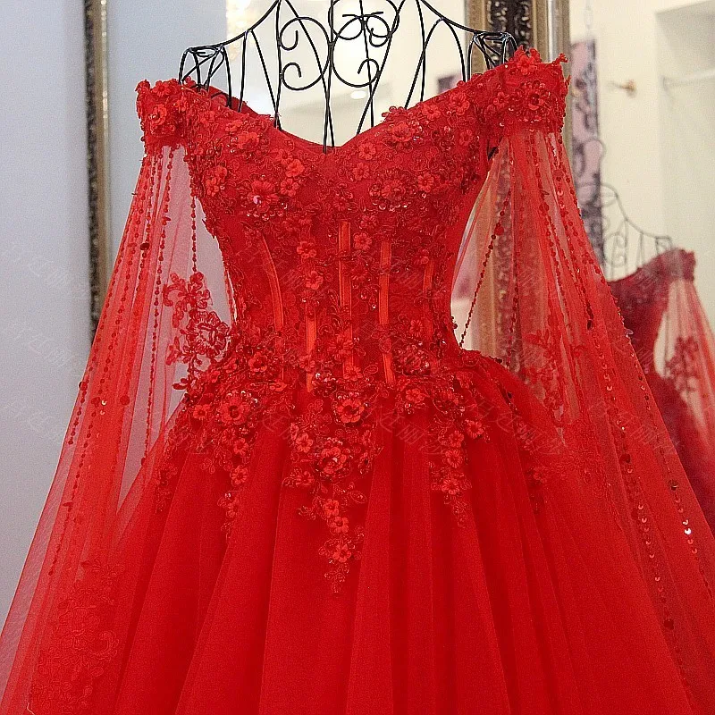 LS54710 Red cheap Wedding Dress Robe Mariage Femme 2018 Tulle v-neck Ball Gown Lace Up Back Princess With Cape | Свадьбы и торжества