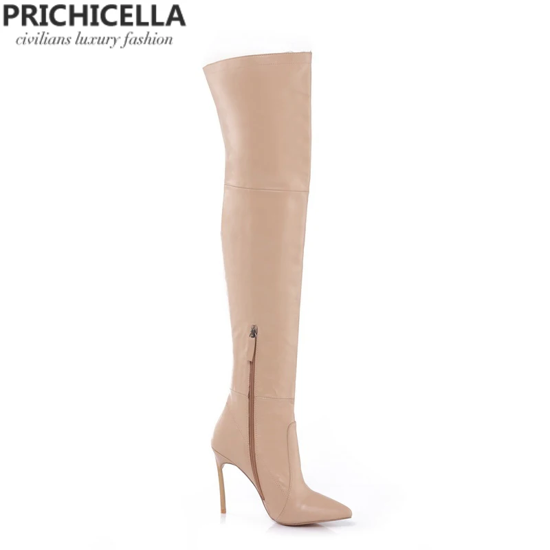 PRICHICELLA/коричневые женские облегающие высокие сапоги из натуральной кожи на Железном каблуке; высокая обувь в гладиаторском стиле; size34-42