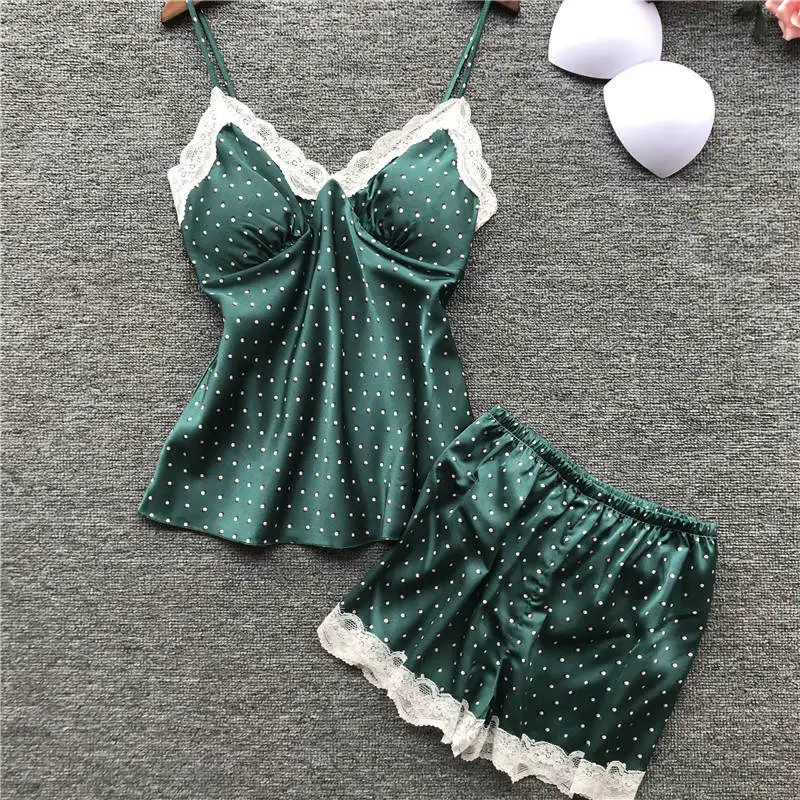 Green Сатиновые короткие пижамные комплекты в горошек, комплект-двойка, ночная одежда для женщин, одежда для сна, домашний костюм, Пижама для женщин H867 - Цвет: Green