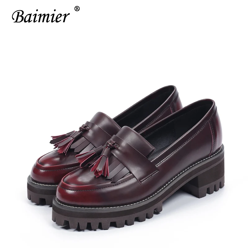 Wine Red Oxfords Baimier/ г.; осенние женские туфли-оксфорды с бахромой; слипоны; женская обувь на плоской подошве в британском стиле; женские лоферы на платформе с бахромой - Цвет: Wine Red Oxfords