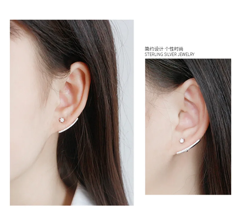 Genuine 100% 925 Sterling Silver Bling double-faced CZ Small Arc Stud Earrings for Women Jewelry | Украшения и аксессуары