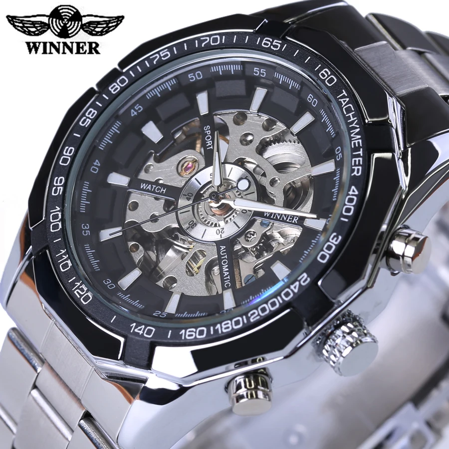 

Winner Stainless Steel Skeleton Designer Mens Watches Top Brand Luxury Automatic Casual Mechanical Watch Clock Men Wristwatch