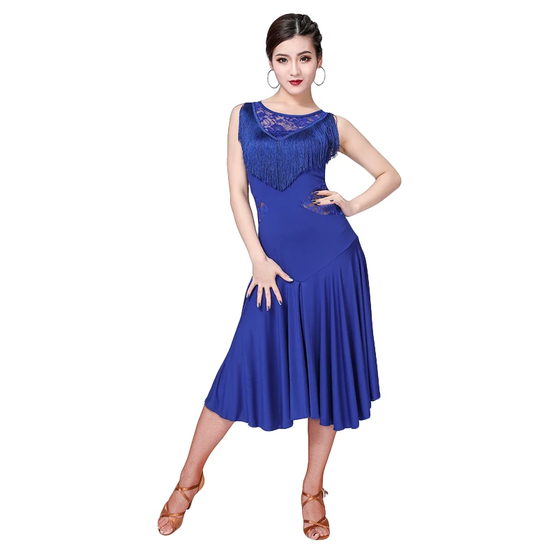 Royal blue Костюм для латинских танцев для взрослых, Женский конкурс латиноамериканских танцев, платье для бальных танцев, сальса, ча, танцевальная одежда, кружевное танцевальное платье с кисточками - Цвет: Royal blue