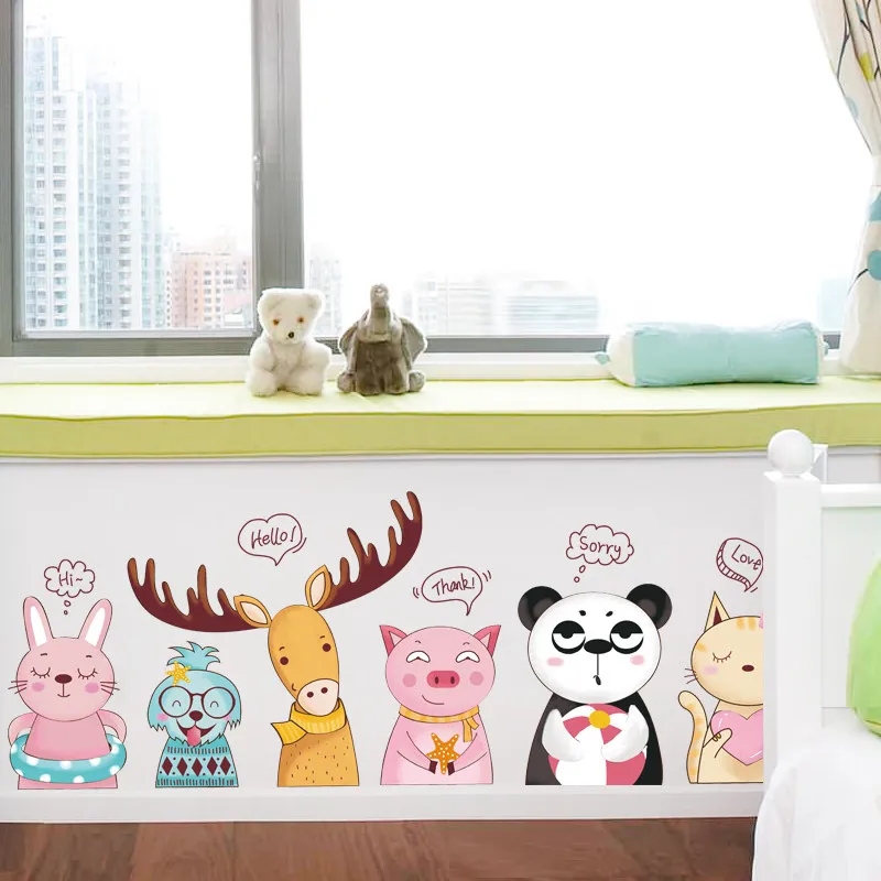 Kawaii Мультяшные животные Лось панда кошка прикроватные настенные наклейки для детской комнаты креативные наклейки для детсада Съемная детская кроватка наклейка