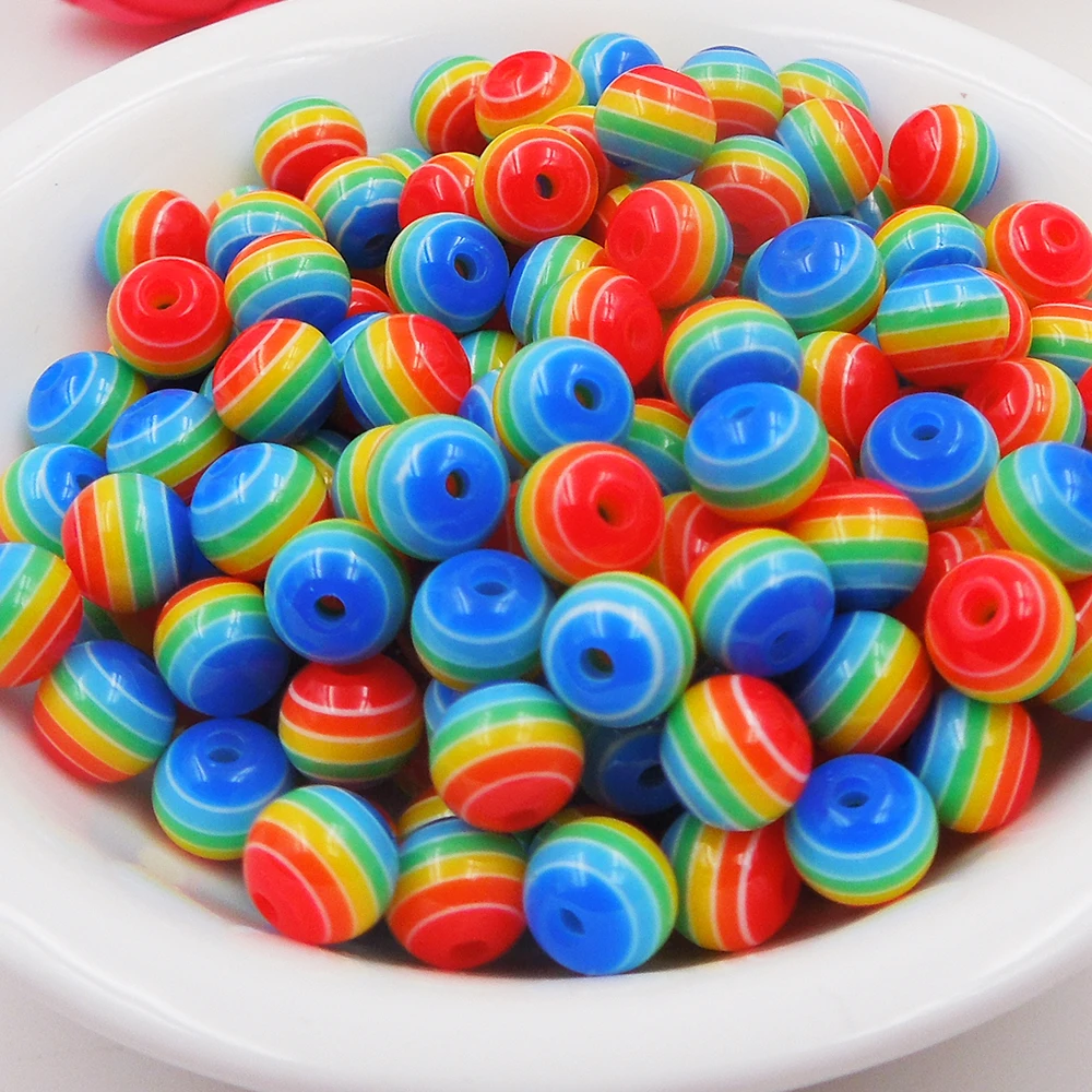 

hot 300pcs Mixed Rainbow candy Striped Round Resin Spacer Beads 10mm (E18796)