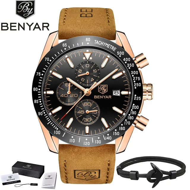 Men Watches BENYAR Brand Luxury Silicone Strap Waterproof Sport Quartz Chronograph Military Watch Men Clock relogio masculino - Цвет: Brown Gold Black