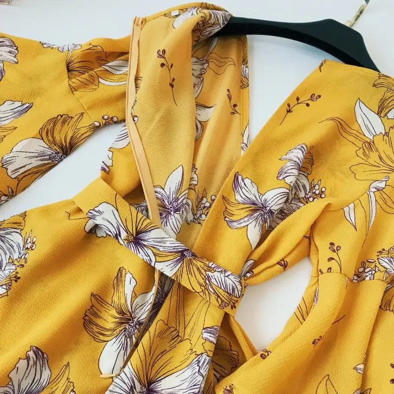 Женский пляжный комбинезон Boho Chic Желтый Свободный с v-образным вырезом и